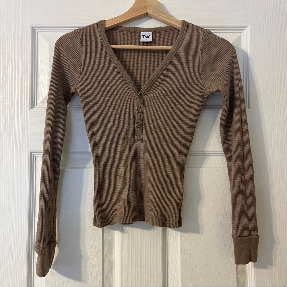 TNA brown waffle Henley shirt size XS